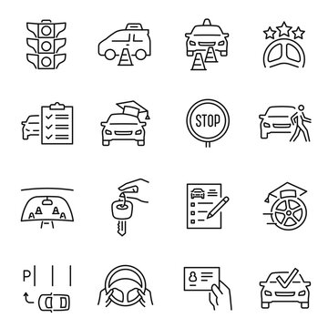 Driving school line icon set monochrome vector illustration logo learning car control vehicle drive