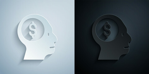 Paper cut Business man planning mind icon isolated on grey and black background. Head with dollar. Idea to earn money. Business investment growth. Paper art style. Vector