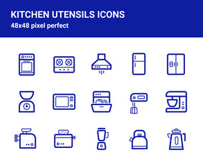 Simple set of related outline icons on white background for web design. Contains such icons as kitchen stove, stove, hood, refrigerator, toaster and more. 48x48 pixel perfect. Editable blue stroke.