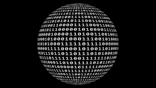 Loopable: Sharp white binary digital code on spherical surface abstract background with randomly changing zeros and ones isolated on black.