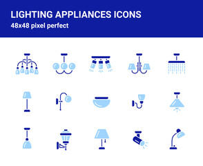 Simple set of related isolated flat emblems on white background for web design. Contains such icons as crystal chandelier, standing lamp, spot lighting and more. 48x48 pixel perfect.  Editable stroke.