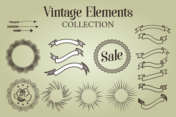 Vintage Elements Collection of Sale Badges, Ribbons, Labels, Arrows, Sun Rays