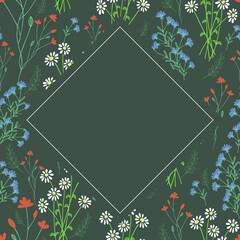 Naklejka premium Diamond field frame. Invitation design. Background to save dates and congratulations. Birthday cards with flowers.