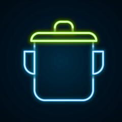 Obraz premium Glowing neon line Cooking pot icon isolated on black background. Boil or stew food symbol. Colorful outline concept. Vector