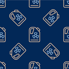 Line Radioactive waste in barrel icon isolated seamless pattern on blue background. Toxic refuse keg. Radioactive garbage emissions, environmental pollution. Vector