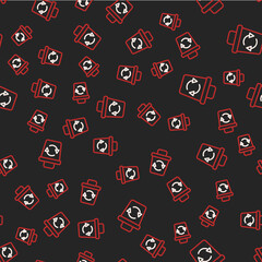 Line Recycle bin with recycle symbol icon isolated seamless pattern on black background. Trash can icon. Garbage bin sign. Recycle basket sign. Vector