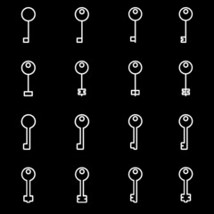 Set of line icons representing key. Metal kets of verious forms and shapes. Vector Illustration