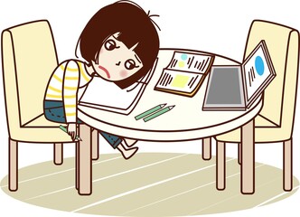 勉強をしながら、机にうつ伏せになりため息をつく若い女性。