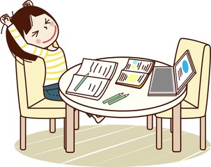 Fototapeta premium 勉強をしながら深呼吸をする若い女性。