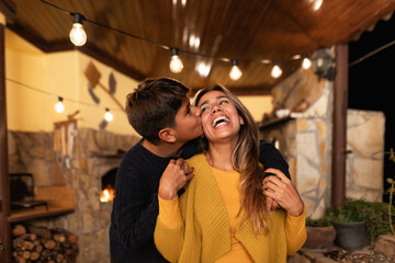 Happy smiling Hispanic mother having tender moment with son - Family love and unity concept - obrazy, fototapety, plakaty