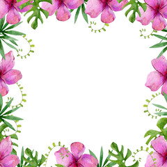 Frame watercolor illustration tropical flower   monstera leaves for text on a white background