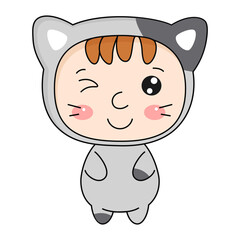 Cute kawaii kid in cat costume. Vector illustration.