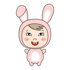 Cute kawaii kid in bunny costume. Vector illustration.