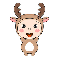 Cute kawaii kid in deer costume. Vector illustration.