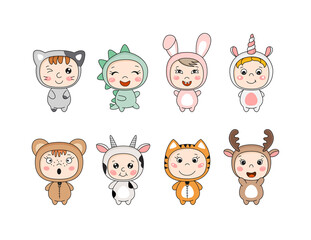 Cute kawaii kids in animal costumes. Vector illustration.
