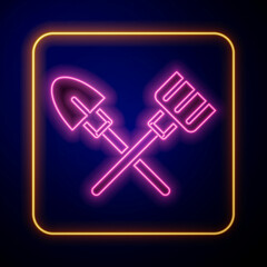 Glowing neon Shovel and rake icon isolated on black background. Tool for horticulture, agriculture, gardening, farming. Ground cultivator. Vector