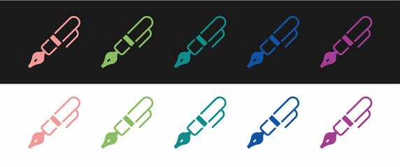 Set Fountain pen nib icon isolated on black and white background. Pen tool sign. Vector
