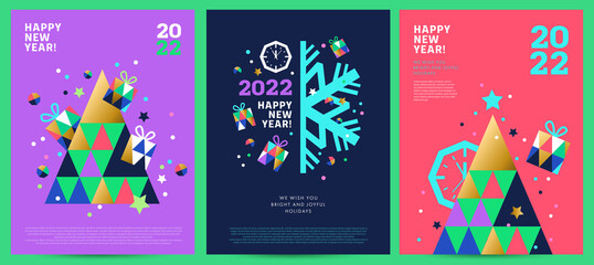 Creative concept of 2022 Happy New Year posters set. Modern Xmas design in geometric style with triangle pattern, Christmas tree, gifts, snowflakes and confetti on violet, coral red and dark blue back