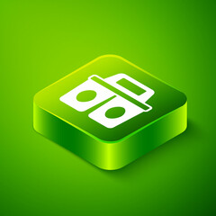 Isometric Coffee cup to go icon isolated on green background. Green square button. Vector