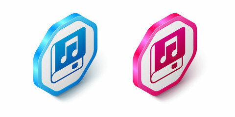 Isometric Audio book icon isolated on white background. Musical note with book. Audio guide sign. Online learning concept. Hexagon button. Vector