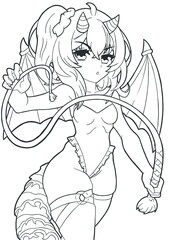 beautiful anime manga girl dragon with wings and a tail in her hands holding a whip the picture is made with lines	