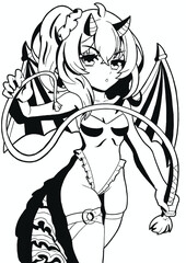 beautiful anime manga girl dragon with wings and a tail in her hands holding a whip painting line style manga vector	

