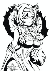 beautiful anime manga girl fox with a tail and a fur collar in good pink tonespainting line style manga vector	
