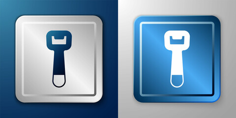 White Bottle opener icon isolated on blue and grey background. Silver and blue square button. Vector