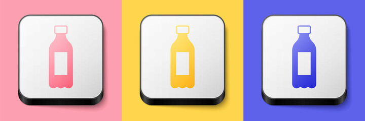 Isometric Bottle of water icon isolated on pink, yellow and blue background. Soda aqua drink sign. Square button. Vector