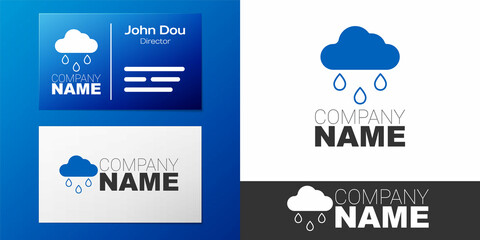 Logotype Cloud with rain icon isolated on white background. Rain cloud precipitation with rain drops. Logo design template element. Vector