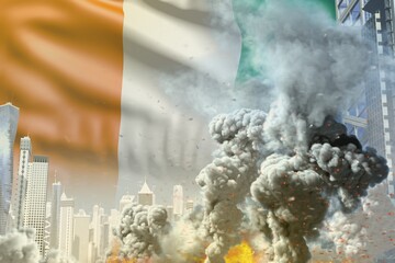 huge smoke column with fire in abstract city - concept of industrial accident or terrorist act on Cote d Ivoire flag background, industrial 3D illustration