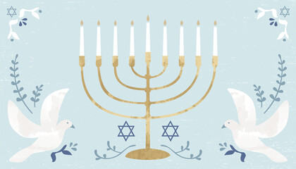A menorah, doves, and details in a cut paper style with textures
