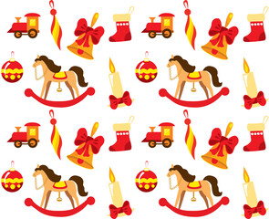 Bright greeting card Happy New Year . Abstract Christmas with the symbols of Christmas . flat vector illustration on white background with toys rocking horse, candle, carriage, bow, ball. Pattern