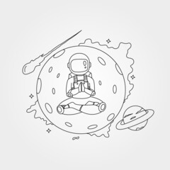 line art astronaut meditation vector ketch on the planet illustration design