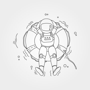 recommend clip art: cute astronaut swimming with lifebuoy line art vector sketch illustration design, astronaut character design