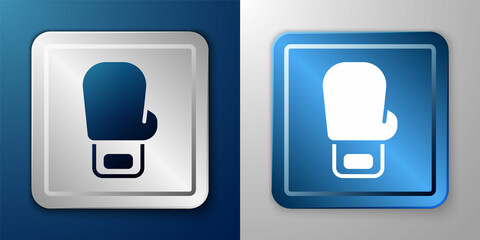 White Boxing glove icon isolated on blue and grey background. Silver and blue square button. Vector