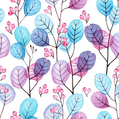 watercolor drawing. seamless pattern with transparent eucalyptus leaves. blue and pink leaves and berries of eucalyptus on a white background. x-ray