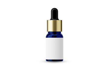 Blue Glass Essential Oil Bottle with Golden Cap and Dropper and Blank Label for Mockup Creation 3D Rendering