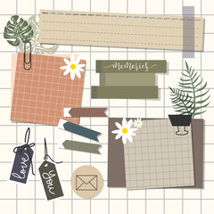 Set of blank vintage paper notes on grid background. flat vector, illustration design.