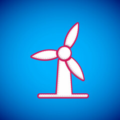 White Wind turbine icon isolated on blue background. Wind generator sign. Windmill for electric power production. Vector