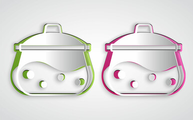 Paper cut Cooking pot icon isolated on grey background. Boil or stew food symbol. Paper art style. Vector