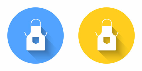 White Kitchen apron icon isolated with long shadow background. Chef uniform for cooking. Circle button. Vector