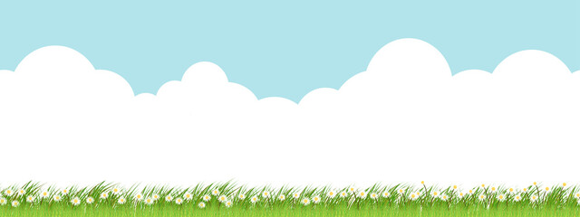 Seamless pattern Spring nature background with blue sky,white cloud, cute daisy and grass land.Vector Endless Summer green field of meadow and wildflower, Horizontal border for Easter holiday backdrop