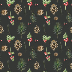 Watercolor botanical seamless pattern with branches pine, cones and branches holly. Repeating texture isolated on dark background. Pattern for wrapping paper, print or fabric.