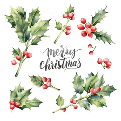 Watercolor Christmas set with isolated winter branches holly and red berries, with lettering "Merry Christmas". Holiday illustrations for design and print.