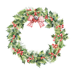 Watercolor Christmas wreath. Hand painted with holly berries and leaves decorated with a bow isolated on white background. Merry Christmas card and illustration for design. © Aleksa