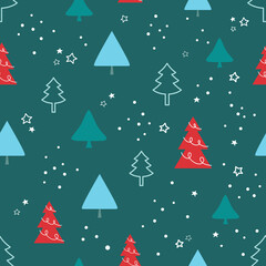 Christmas tree seamless pattern with stars and snow