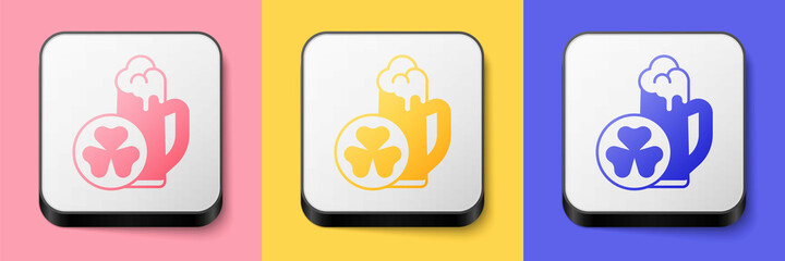 Isometric Glass of beer icon isolated on pink, yellow and blue background. Happy Saint Patricks day. National Irish holiday. Square button. Vector