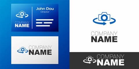 Logotype 360 degree view icon isolated on white background. Virtual reality. Angle 360 degree camera. Panorama photo. Logo design template element. Vector