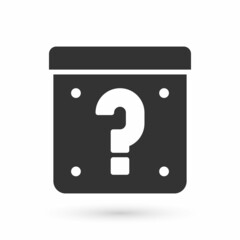 Grey Mystery box or random loot box for games icon isolated on white background. Question mark. Unknown surprise box. Vector